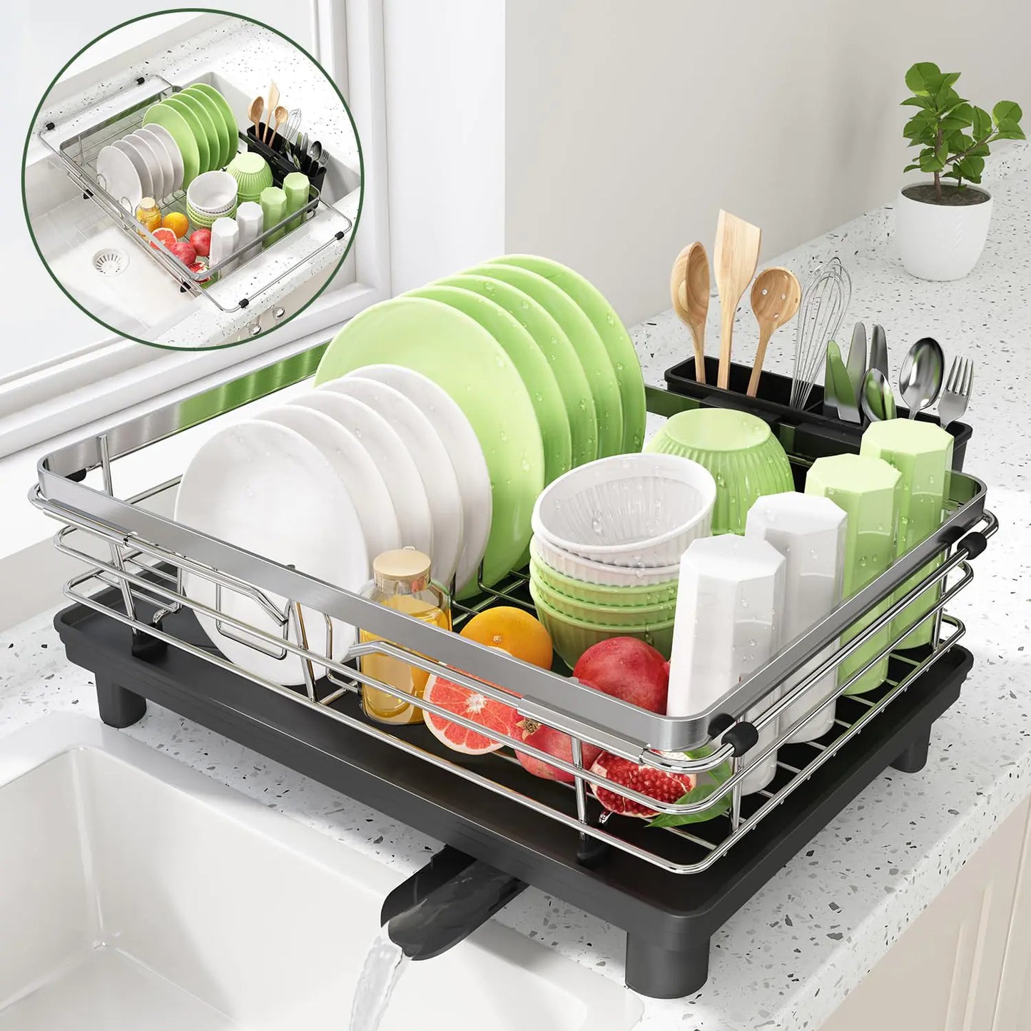 MAJALiS Dish Drying Rack Dual Use Dish Racks for Kitchen Counter and Sink Stainless Steel Dish Drainer with Drain Board Cutlery Holder 11.0" W x 14.1"-21.2" L Silver