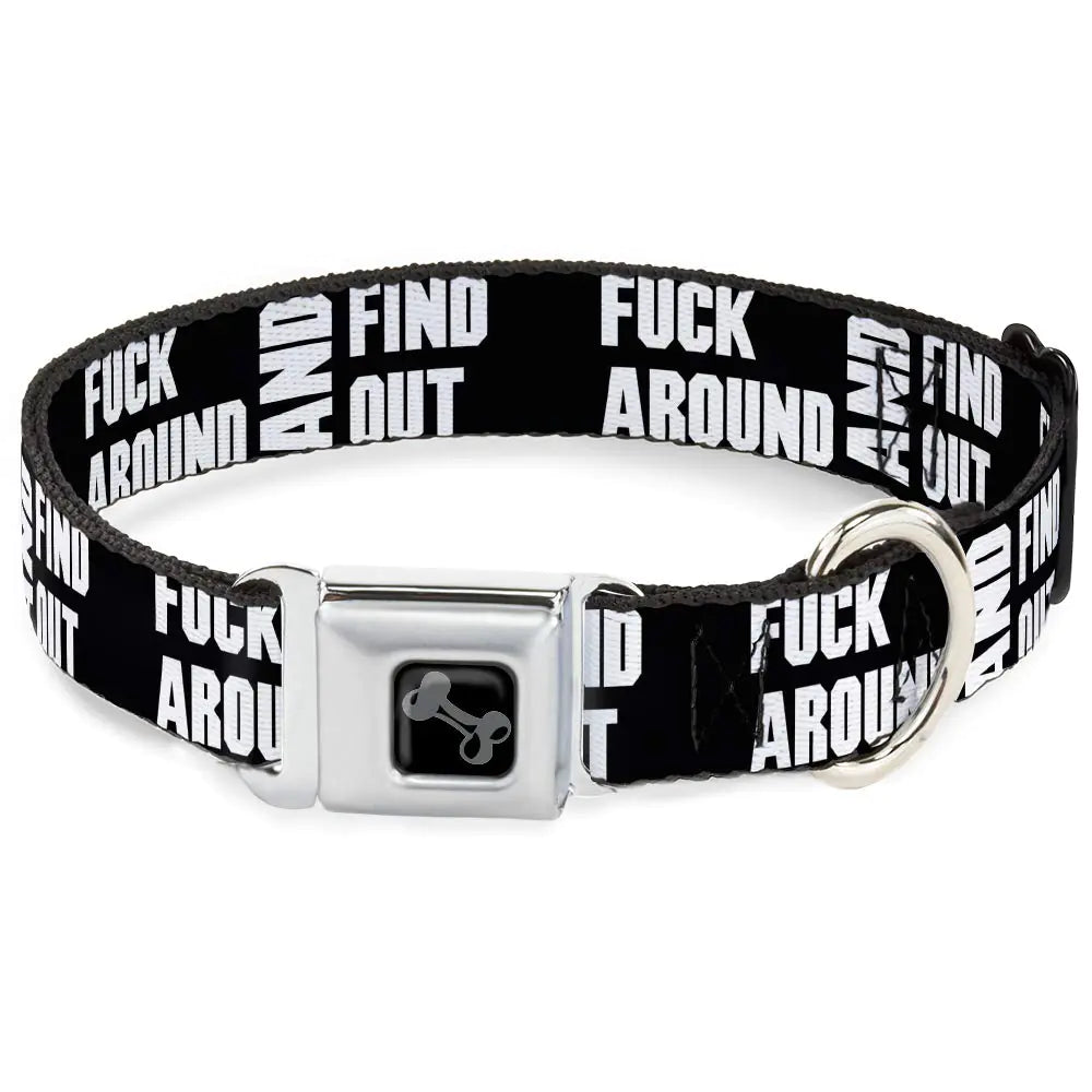 Dog Collar Seatbelt Buckle FAFO Fuck Around and Find Out Bold Black White 16 to 23 Inches 1.5 Inch Wide