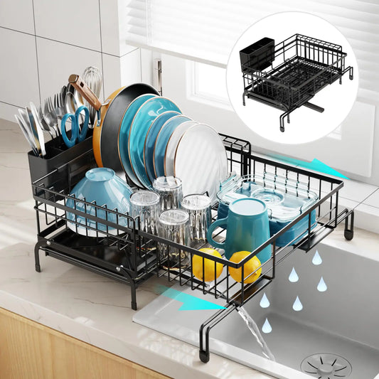 GSlife Expandable Dish Drying Rack with Drainboard - Anti-Rust 2-in-1 Sink Dish Racks for Kitchen Counter and Sink Dish Drainer with Pan Slot and Utensil Holder for RV and Apartment Black