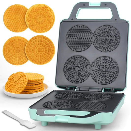 Baker’s Friend Pizzelle Maker Electric 4 X 3.5” Pizzelle Waffle Cookies for Christmas Baking Supplies Stroopwafel Iron Cookie Maker Machine with Pattern Thin Waffle Maker Aqua