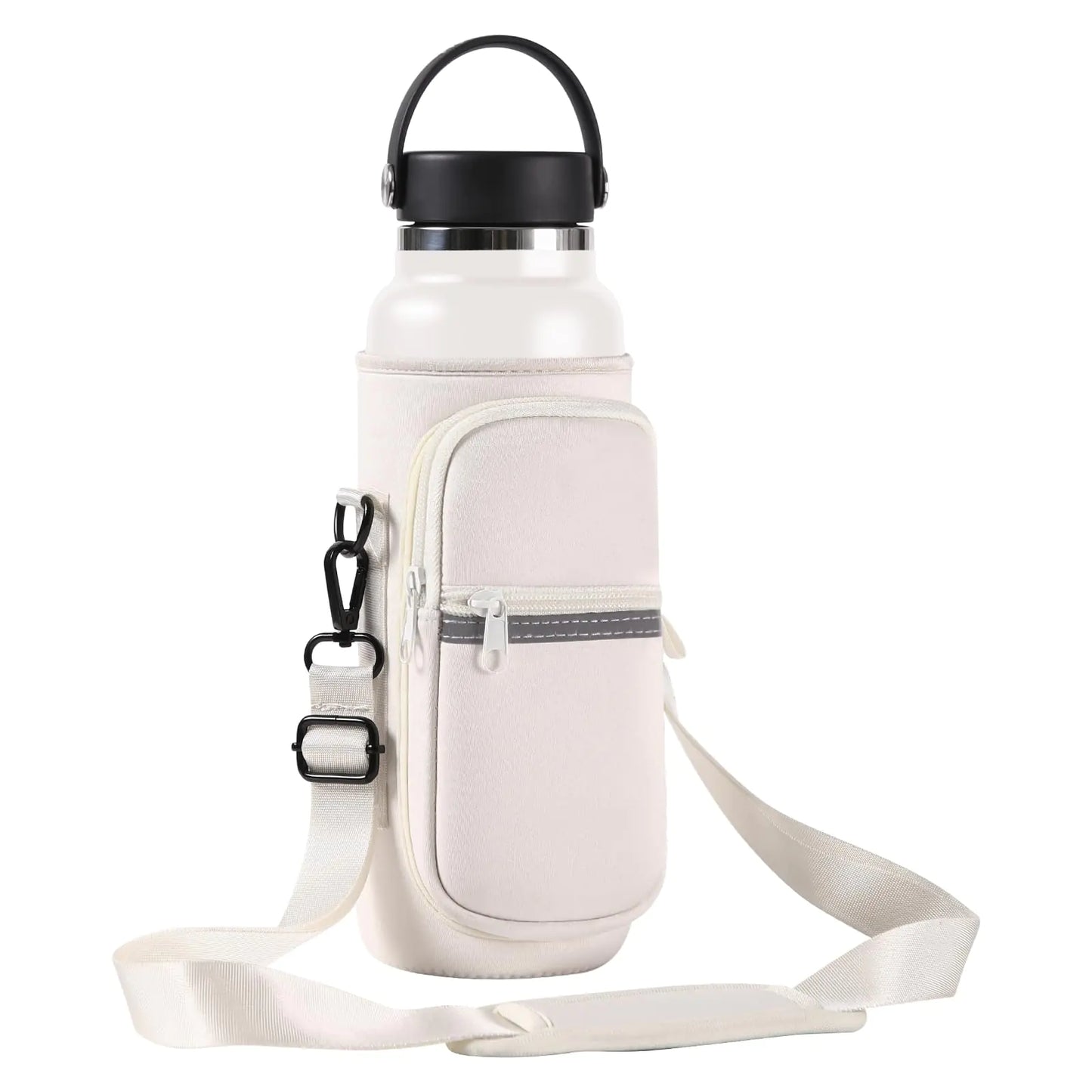 Water Bottle Holder with Strap for Hydro Flask Wide Mouth 32 & 40oz Water Bottle Carrier Sling Bag with Phone Pocket Gym Bottle Accessories Water Bottle Sleeve Bag for Walking Hiking Travel - White