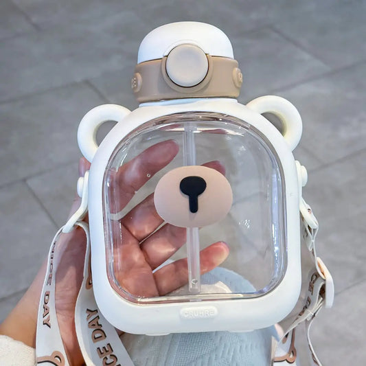 FEUSEUZ Kawaii Water Bottle 24 oz Square Transparent Water Bottle Cute Little Bear Portable Water Bottle with Strap and Sticker (White700ml)