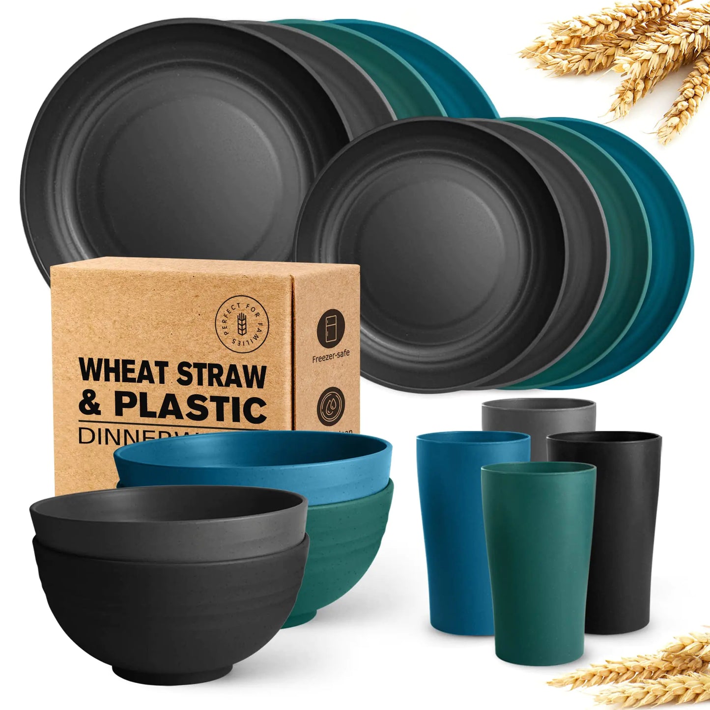 Teivio 16-Piece Kitchen Plastic Wheat Straw Dinnerware Set Service for 4 Dinner Plates Dessert Plate Cereal Bowls Cups Unbreakable Plastic Outdoor Camping Dishes Coastal Multicolor