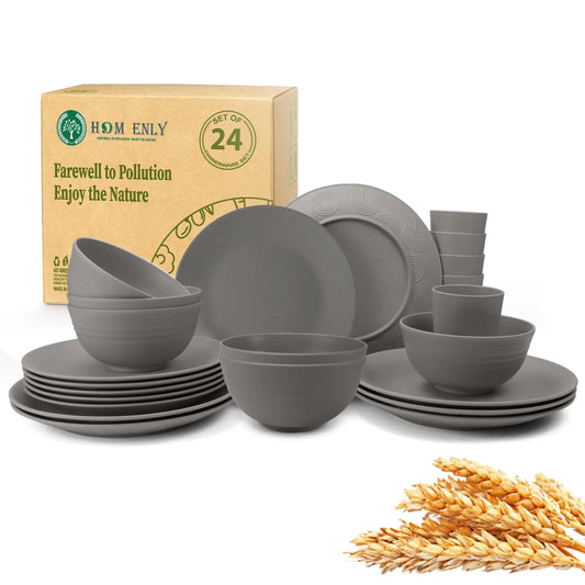 Homienly Dinnerware Set Plates and Bowls Set Wheat Straw Dinnerware Sets Service for 6 - Dinner Plates Dessert Plates Cereal Bowls Drinking Cups Unbreakable Dishes Set for Kitchen - Grey