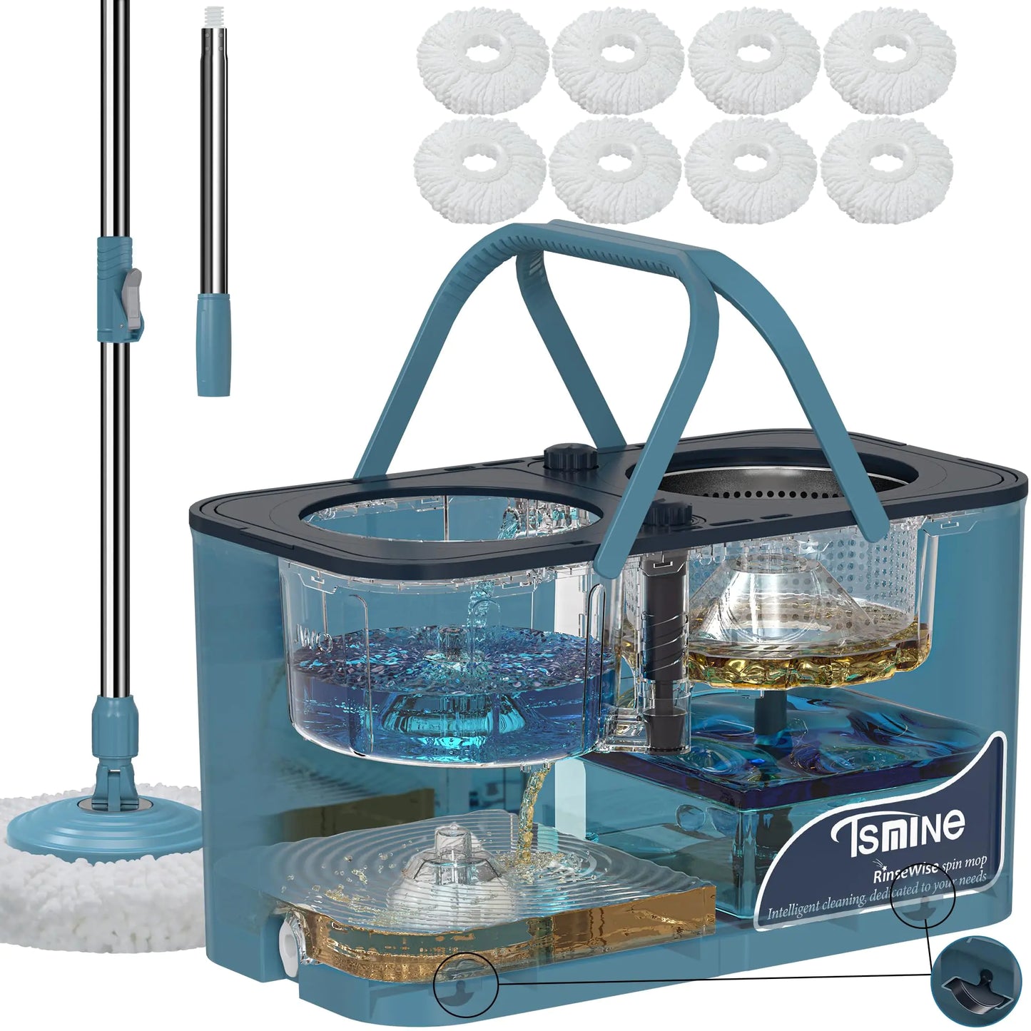 Spin Mop and Bucket SystemSeparates Dirty and Clean Water4-Chamber DesignMop and Bucket with Wringer SetWet & Dry UseBest Home Floor Cleaning Tools with 8 Replacement Mop Heads4X Wheel