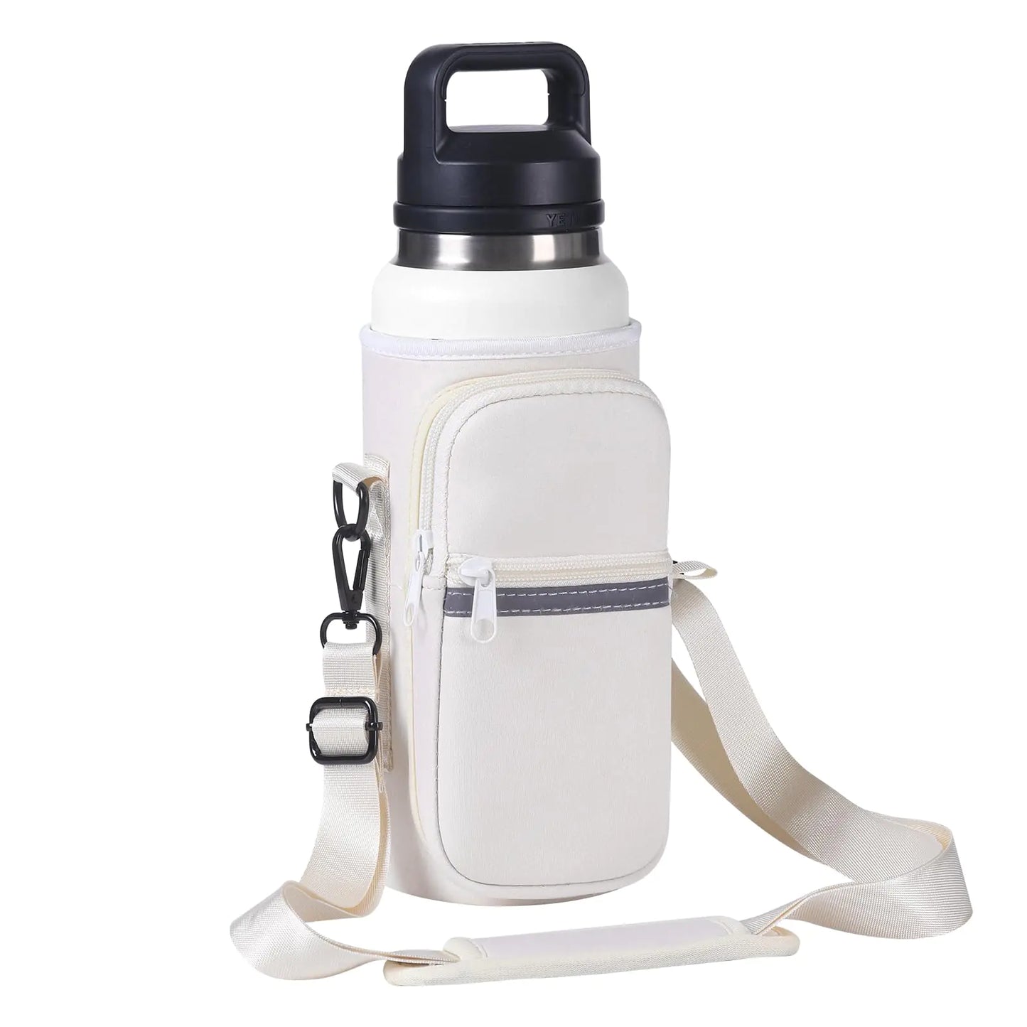 Water Bottle Holder with Strap for YETI Rambler 36 oz Bottle Water Bottle Carrier Sling Bag with Phone Pocket Gym Bottle Accessories Water Bottle Sleeve Bag for Walking Hiking Travel-White