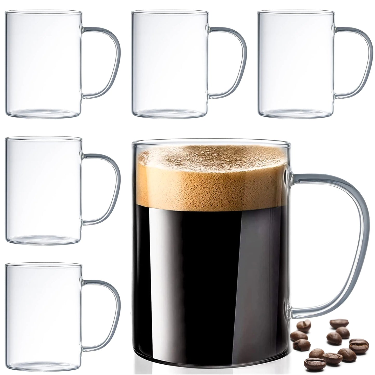 Set of 6 Ultra Durable Sleek Glass Coffee Mugs with Handle Clear Borosilicate Glass Teacups Coffee Cups for Cappuccino Latte Tea Espresso Hot Beverage Dishwasher & Microwave Safe Glass Mugs