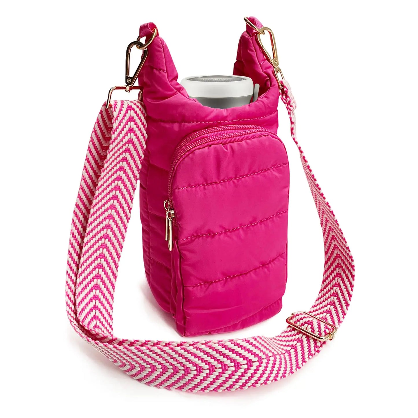 JSLOOO Puffer Quilted Crossbody Water Bottle Carrier Bag with Adjustable Strap Crossbody Water Bottle Holder with Pocket