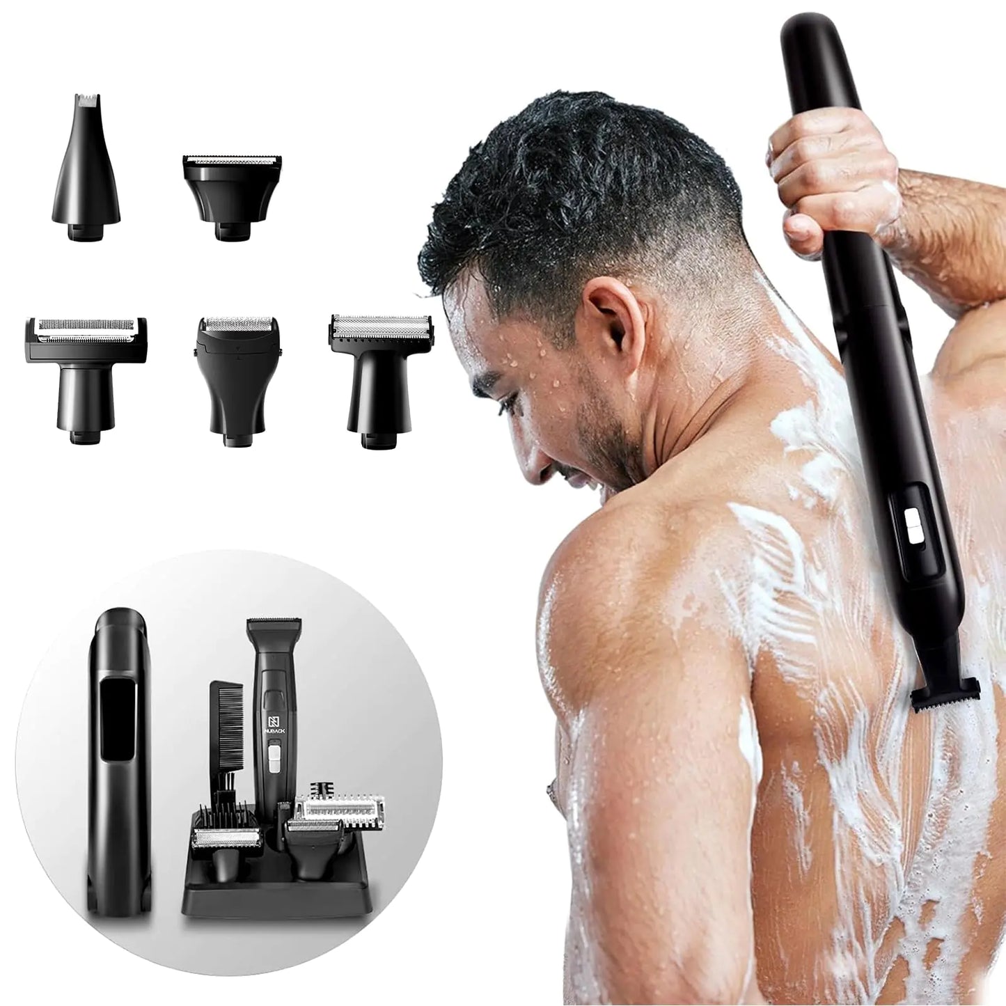 NUBACK Back Shaver for Men 5-in-1 Electric Shavers for Men with Long Handle Multifunctional Self-Service Mens Back Shaver Type-C Rechargeable Body Hair Trimmer Travel-Friendly