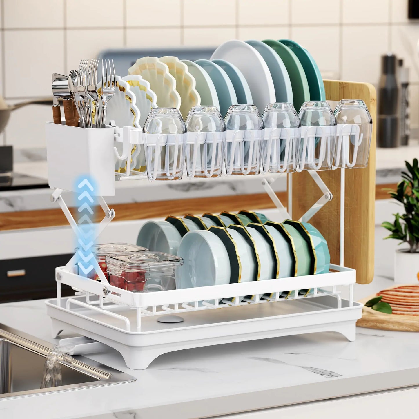 Jifvrnk Collapsible Dish Drying Rack Multi Functional Large Capacity Dish Racks for Kitchen Counter Space Saving 2 Tier Dish Drying Rack with Drainer Board Easy to Install White