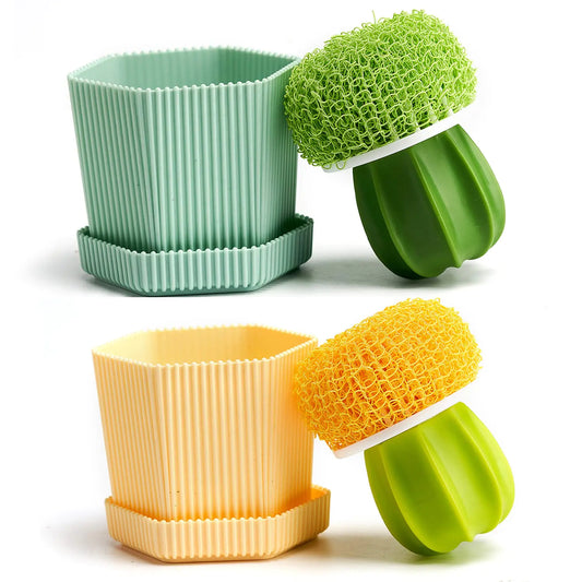 Dish Brushes Cactus Mini Brush with Drip Tray (3 Replacement Brushes)Durable Brushes Kitchen Cleaning Scrubbers Set for Plate Pan Pot Sink with Drip Tray (Green)