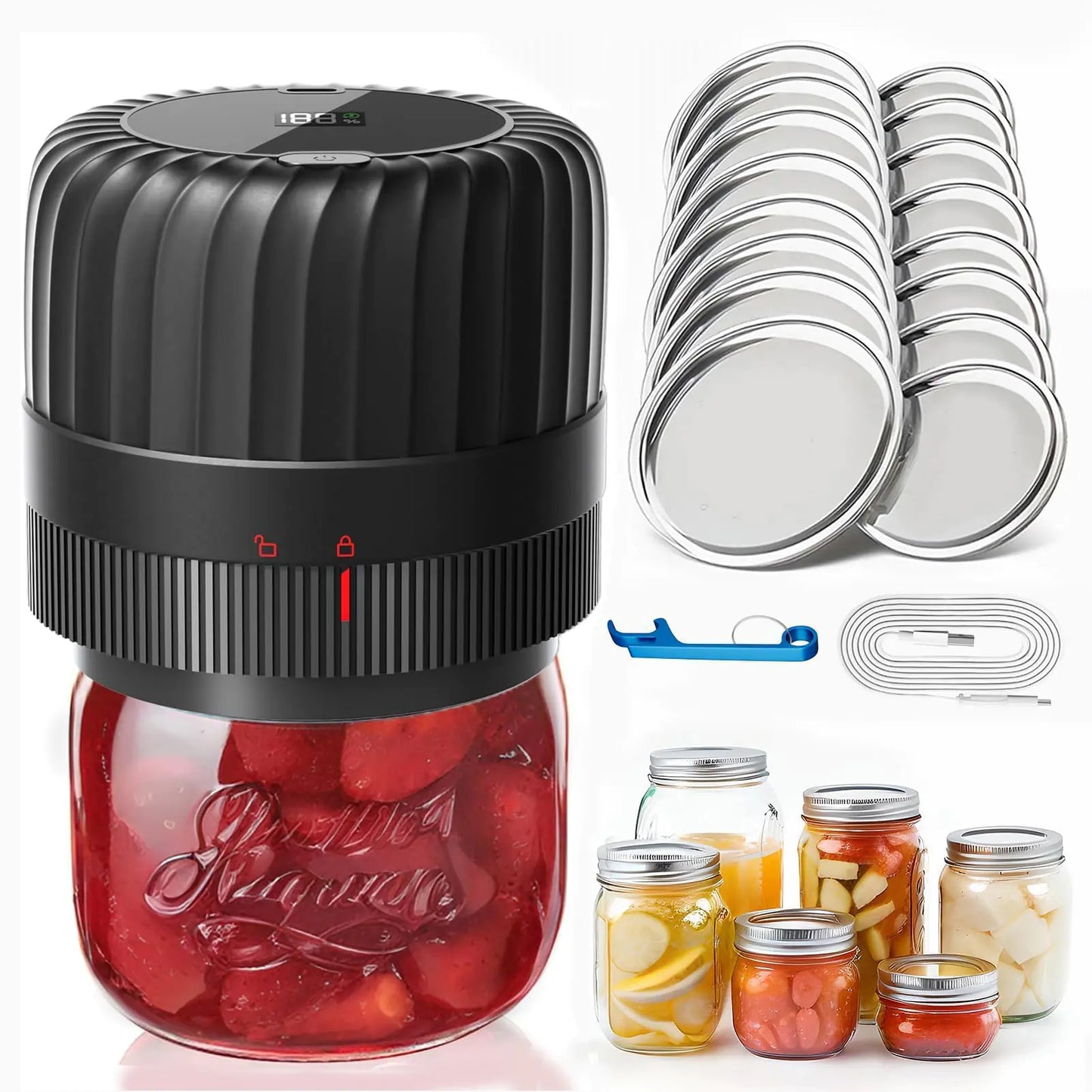 KITOOL Electric Mason Jar Vacuum Sealer Kit for Wide-Mouth & Regular-Mouth Mason Jars Food Saver Vacuum Canning Sealer Machine Includes 16 Jar Lids