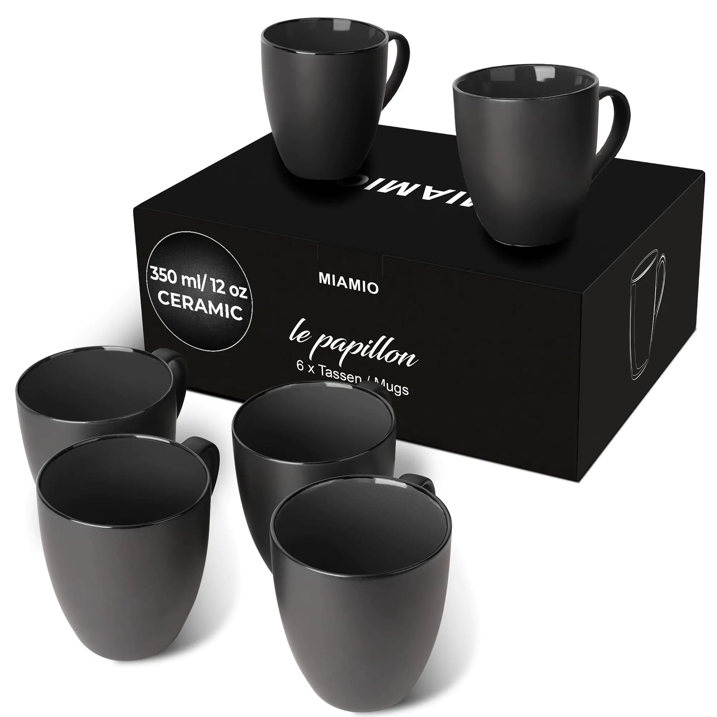 MIAMIO - Set of 6 Stoneware Coffee Mugs 12 Ounce/Cup Set - Le Papillon Collection (Black)