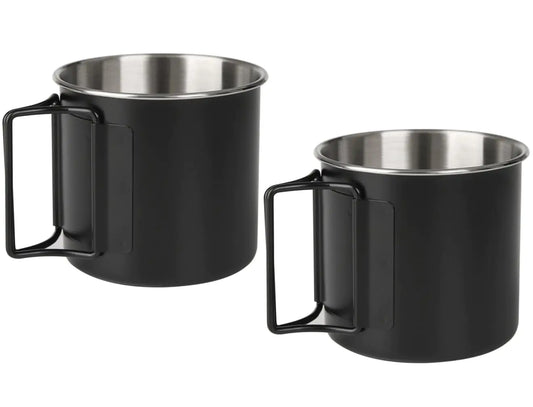 Wsaikis Camping Cups with Folding Handles Camping Mugs Set of 2Camping Coffee Mugs Stainless Steel Camping MugsPortable 12oz Camping Cup for Outdoor Picnic Hiking Backpacking (Black)