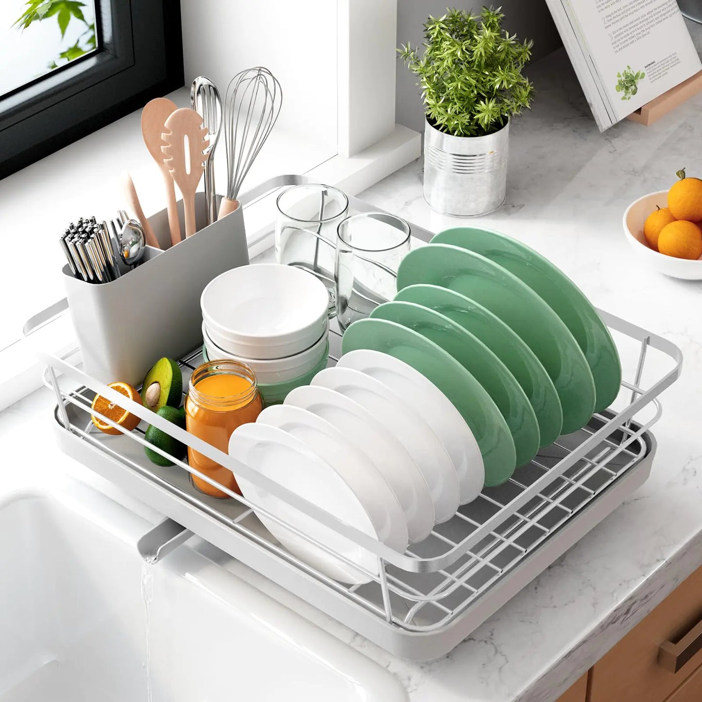 Kitsure Dish Drying Rack- Space-Saving Dish Rack Dish Racks for Kitchen Counter Stainless Steel Kitchen Drying Rack with a Cutlery Holder 12W x 15L Grey