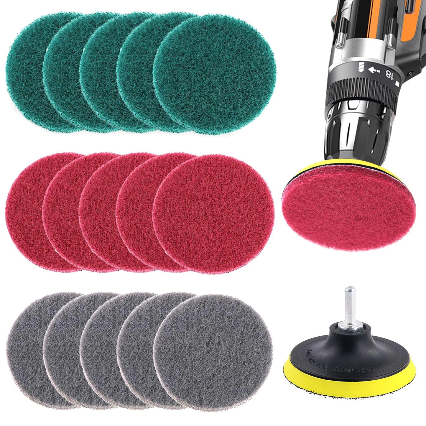 Glarks 16Pcs 4 Inch Drill Power Brush Tile Scrubber Scouring Pads Cleaning Kit with 4 Inch Disc Pad Holder for Bathroom & Kitchen Cleaning 3 Different Stiffness (Red Gray Green)