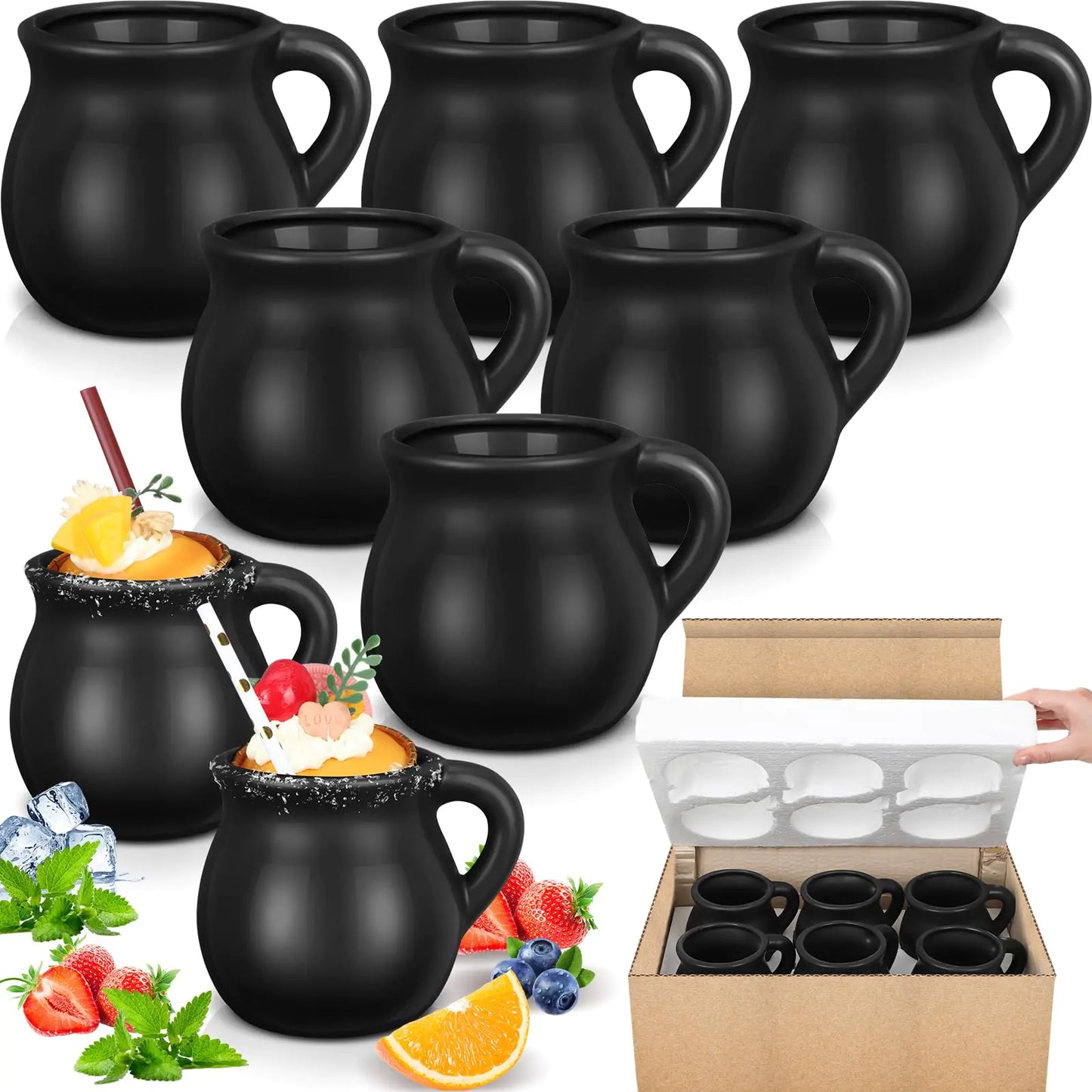 Gejoy Pack of 6 12 oz mexican clay mugs Cantaritos De Barro Clay Cups Artisan Made Coffee Mugs Cocktail Glasses and Tea Cups for Tequila Margaritas Mojitos Cold Hot Drinks (Black)