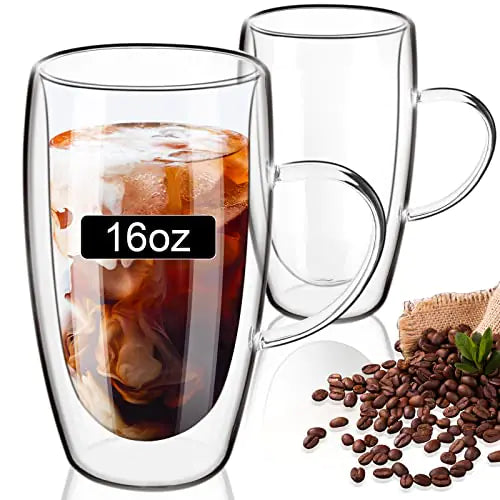 PARACITY Double Wall Glass Coffee Mugs 16oz with Handle Coffee Cups Set of 2 Clear Borosilicate Glass Coffee Mugs Perfect for Cappuccino Latte Espresso Hot Beverage Tea